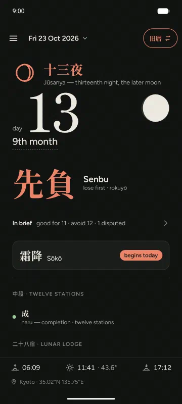 Japanese day: 十三夜, the 13th of the 9th month, 先負, and the solar term 霜降 beginning